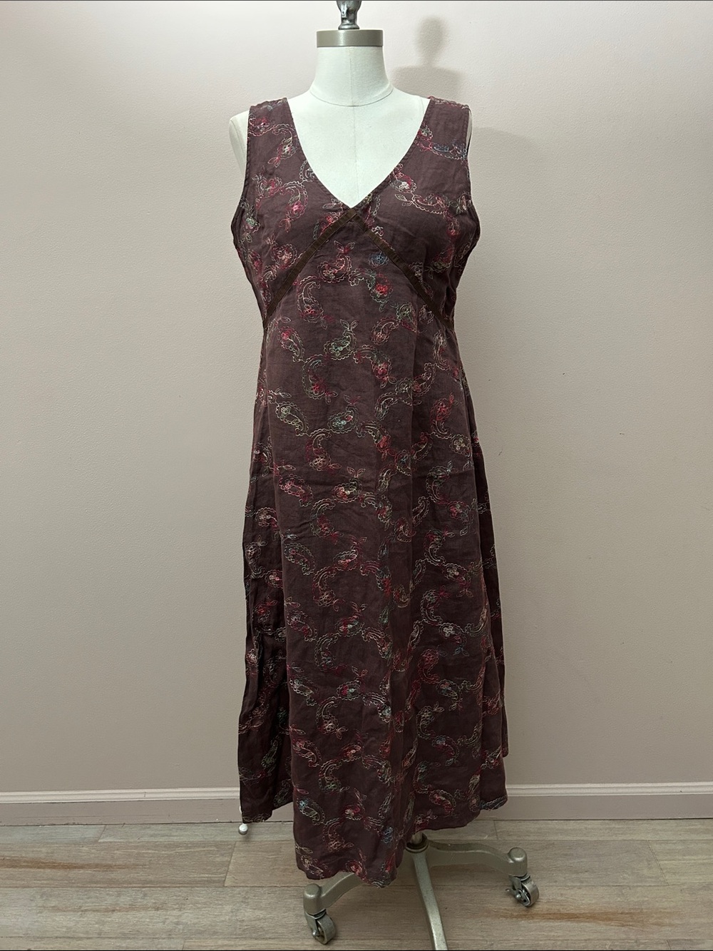 120% Lino Linen V-Neck Maxi Dress in Plum Paisley size 48 Italy XL
